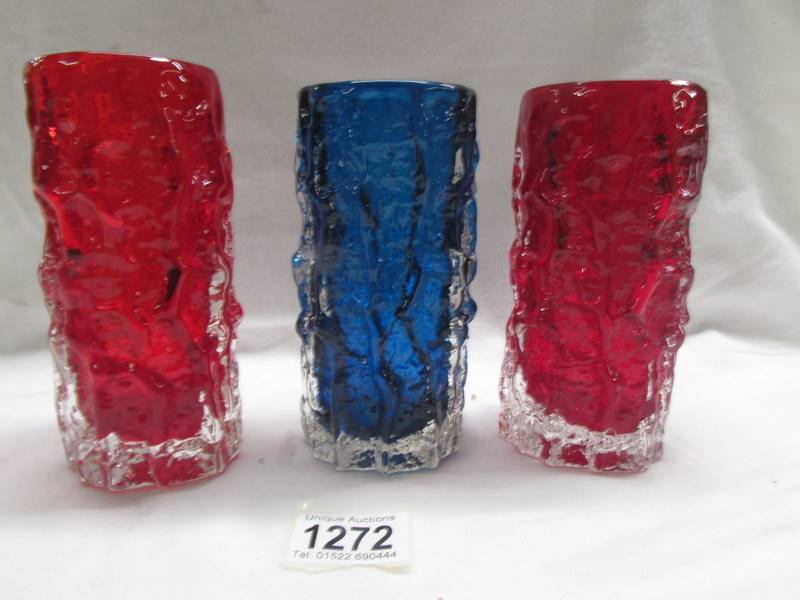 Three Whitefriars pattern 9689 6" bark vase - 2 x ruby red and 1 Kingfisher blue.