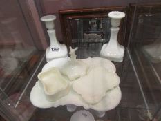 A Victorian opaline glass trinket set with candlesticks.