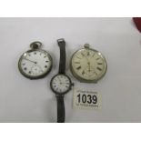 Two pocket watches and a silver ladies wrist watch, a/f for spares or repair.