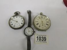 Two pocket watches and a silver ladies wrist watch, a/f for spares or repair.