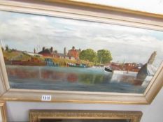 An oil painting of barges and boats on a river signed M L Woodcock.
