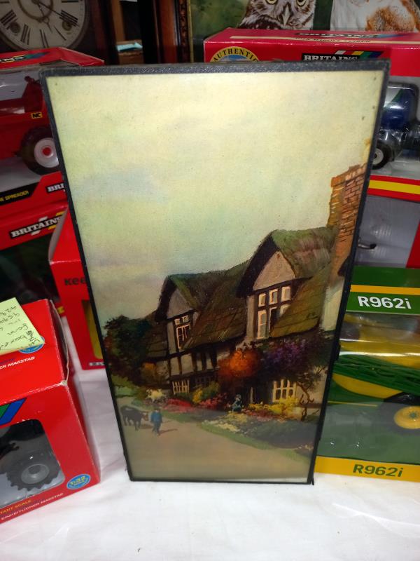 2 vintage glazed unframed prints. Thatched cottage and Windmill, 16.5cm x 34.5cm. - Image 3 of 3