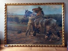 A gilt framed print of a heavy horse