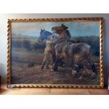 A gilt framed print of a heavy horse