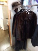 A long mink coat, 2 short coats and 2 fur hats.