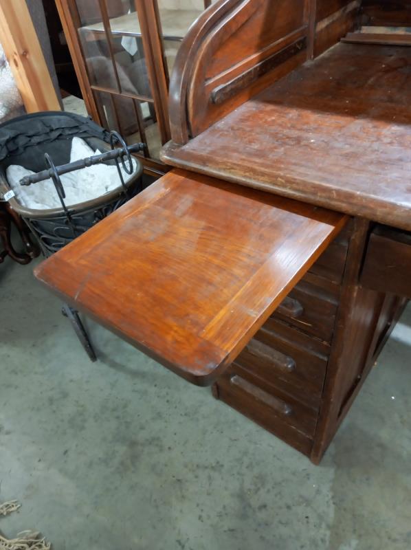 An old oak double pedestal roll top desk, COLLECT ONLY. - Image 6 of 9