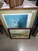 A large gilt framed signed print guns of war and 1 other military themed print.