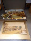 A large Edwardian hard box portfolio in the form of a book with contents, including watercolour of