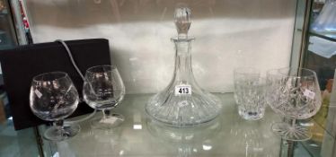 A cut glass ships decanter & Waterford crystal branded glasses etc.