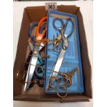 A boxed Joseph Rodgers & Sons Limited, Sheffield Pinking Shears and 3 gold coloured scissors (2 with