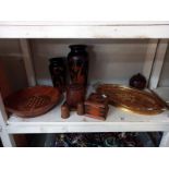 A selection of wooden items including inlaid tray & carved vases etc.