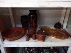 A selection of wooden items including inlaid tray & carved vases etc.