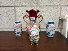 A Limoges vase and pair of Japanese vases and a porcelain egg trinket box.