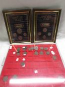 A framed and glazed 1937 and 1941 coin sets and a quantity of farthings.
