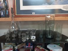 A smoked glass fruit juice jug and glass and decanter and glassware. Collect Only.