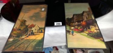 2 vintage glazed unframed prints. Thatched cottage and Windmill, 16.5cm x 34.5cm.