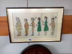 A vintage watercolour, order of importance, military picture. Image 41.5cm x 23.5cm, frame 51cm x