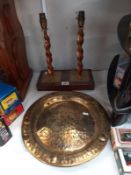 A brass tray and 2 table lamps on wooden bases. Collect Only.