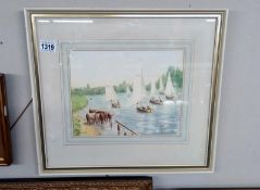 A framed and glazed mid 20th century watercolour river scene with sailing boats and cattle signed