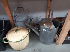 2 Vintage galvanised watering cans , jam pan and enamel lidded cooking pot. Collect Only.