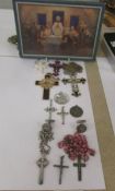 A mixed lot of cross pendants, St. Christophers etc., and a small picture of the Last Supper.