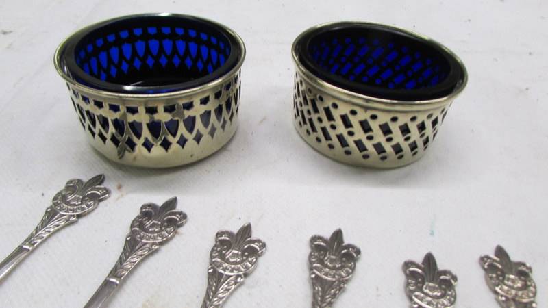 Six Boy Scout spoons, one other and a pair of silver plate salts with blue glass liners. - Image 3 of 3