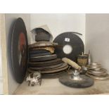 A mixed lot of cutting and grinding discs and saw blades, pulleys and arbours. Collect Only.