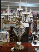 A brass and glass Rococo style five light table lamp, COLLECT ONLY.