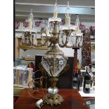 A brass and glass Rococo style five light table lamp, COLLECT ONLY.