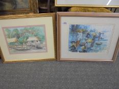 A pair of framed and glazed watercolours, one entitled 'Vietnam - Downpour' signed Tony Matts,
