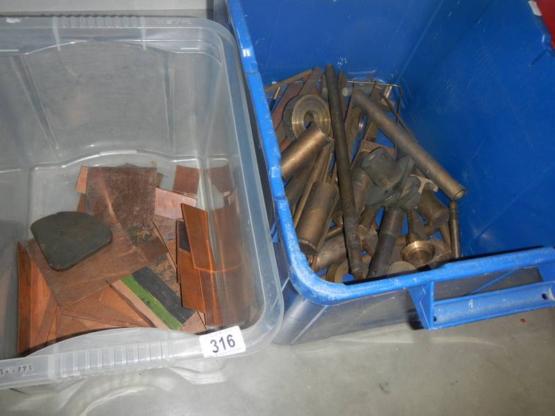 A box of brass and copper. A box of steel bits.