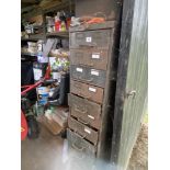 A steel cabinet with drawers, part filled with various ironmongery. Collect Only.