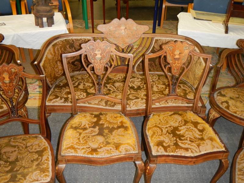 A seven piece Edwardian marquetry inlaid salon set. COLLECT ONLY. - Image 2 of 4