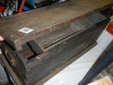 An old pine tool box, tools etc.,