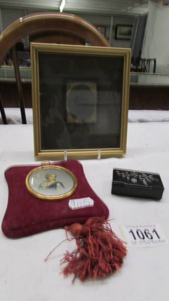 A Victorian velvet framed miniature portrait, one other and a snuff box.