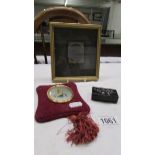 A Victorian velvet framed miniature portrait, one other and a snuff box.