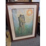 A 1960's art school painting in watercolour & pastel of nude young male and female figures embracing