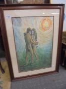 A 1960's art school painting in watercolour & pastel of nude young male and female figures embracing