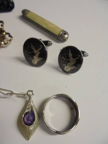 A cameo brooch, pen knife, horse head pendant, silver cuff links, Victorian black brooch, three - Image 3 of 4