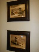 A pair of early 20th century oak framed Japanese painting with gilt overlay of Mount Fiji.