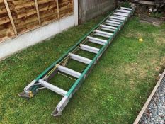 A heavy duty industrial double ladder with fibreglass strings, alloy runs. Collect Only.