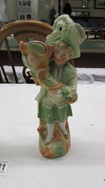 A pair of continental porcelain figural spill vases. 23 cm. - Image 2 of 3