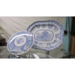 A Spode blue and white turkey platter and cake plate.