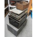 A metal tin box and 2 wooden boxes.