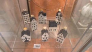 Eight blue Delft houses for KLM by Bols, Amsterdam, two missing stopper.