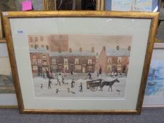 A framed and glazed signed print by Helen Bradley dated 1972. Inspired by the paintings of L S Lowry