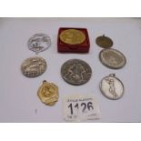 A collection of sport related medallions.