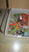 A large box of play work clockwork tin plate including Mettoy tracks, Brimsby Rain etc., all a/f.