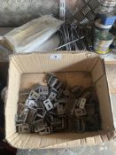 A box of stretcher plate, Large quantity of 8" steel pegs and 4 No-letter plates. Collect Only.