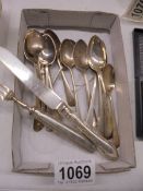 14 silver teaspoons (170 grams) a silver handled knife and a silver handled fork.